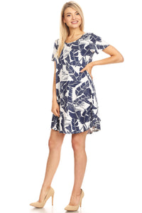 We-American Women's Short Sleeve Navy Leaf Jersey Dress